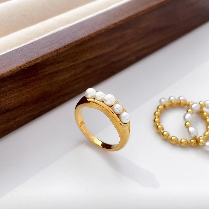 Retro French Style Geometric Titanium Steel Pearl Inlay Rings