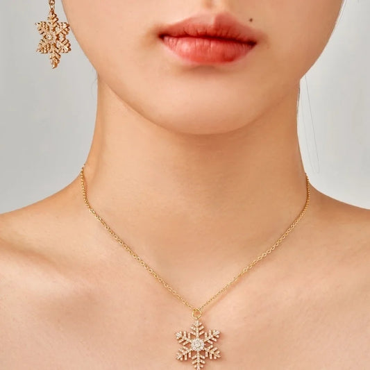 Elegant Glam Shiny Snowflake Copper Zircon K Gold Plated Rhodium Plated Necklace Jewelry Set