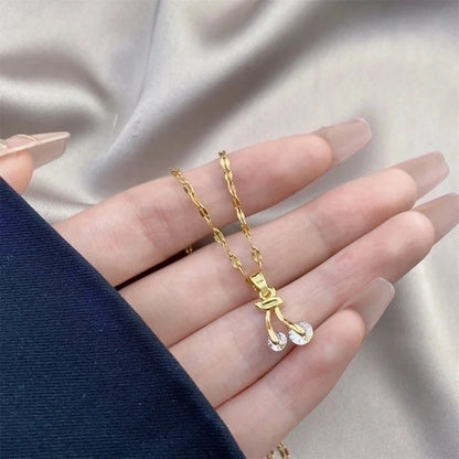 Minimalist Bow Knot Titanium Steel Copper Inlay Rhinestones Pendant Necklace