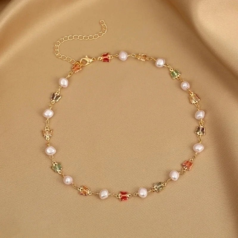 2 Pieces Fashion Devil\'s Eye Butterfly Beaded Copper Gold Plated Necklace In Bulk