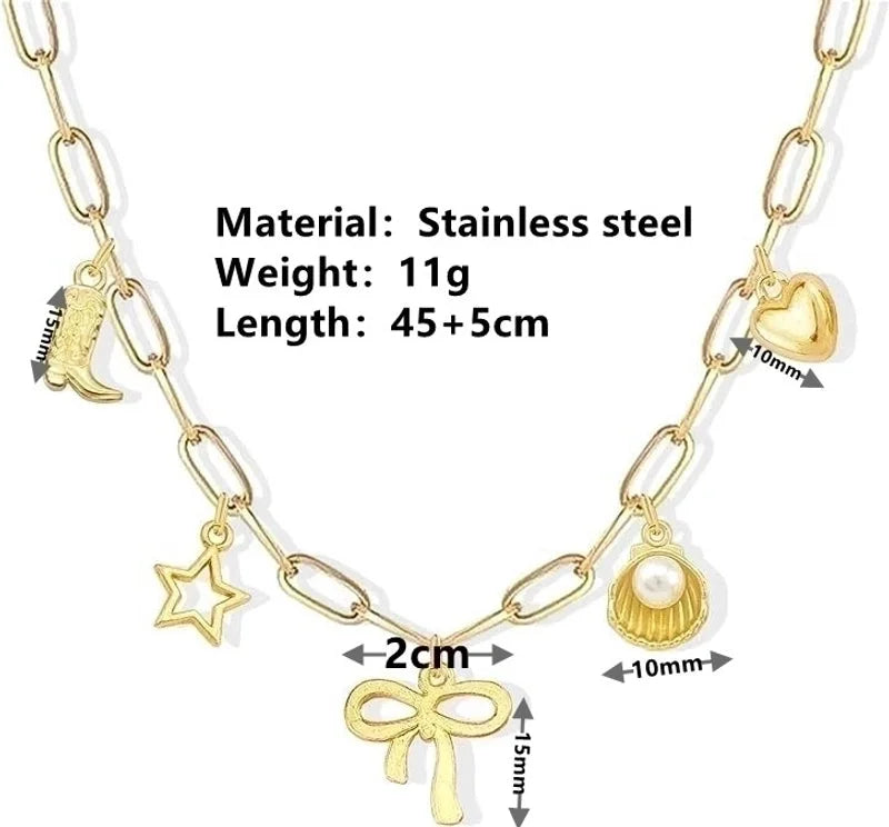 Cute Sweet Star Bow Knot Shell Titanium Steel Pearl 18K Gold Plated Hollow Out Inlay Pendant Necklace