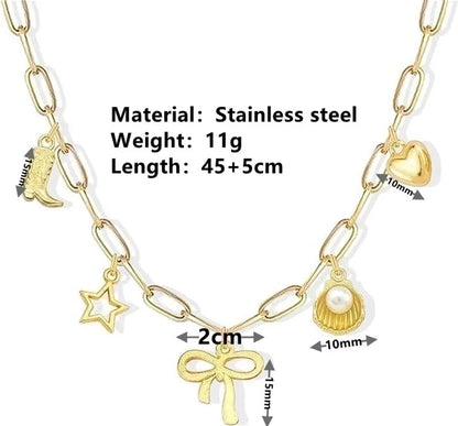 Cute Sweet Star Bow Knot Shell Titanium Steel Pearl 18K Gold Plated Hollow Out Inlay Pendant Necklace