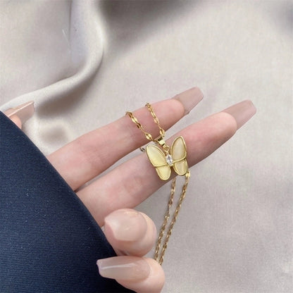 Minimalist Bow Knot Titanium Steel Copper Inlay Rhinestones Pendant Necklace