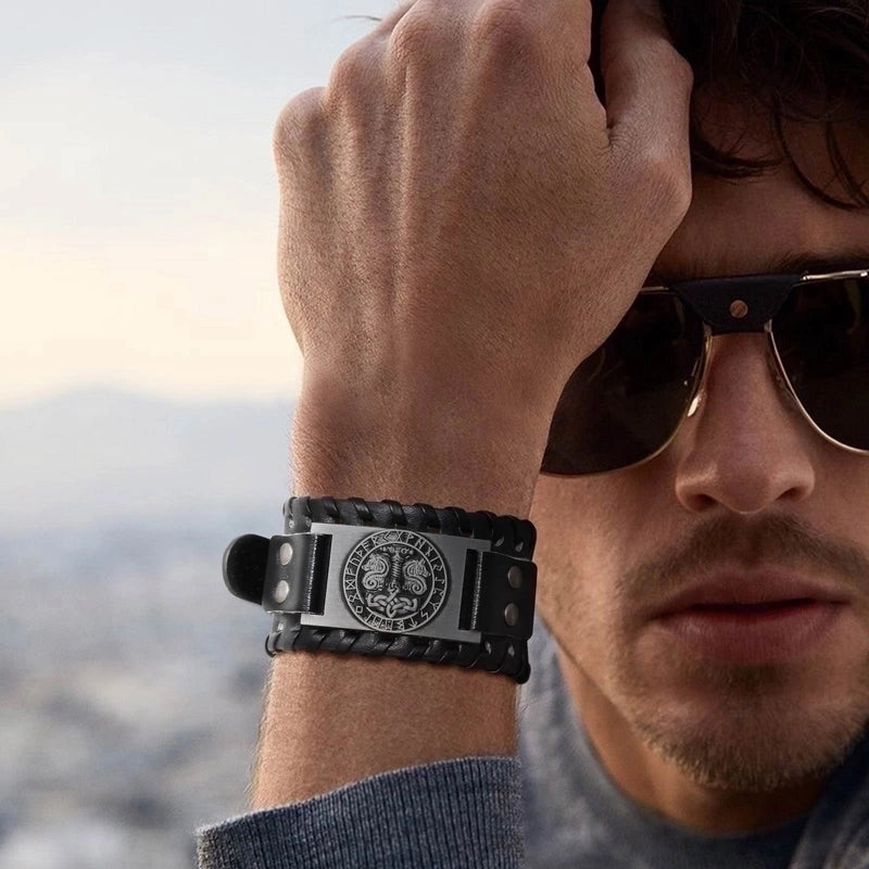 Retro Punk Life Tree Pu Leather Alloy Magnetic Men's Bangle