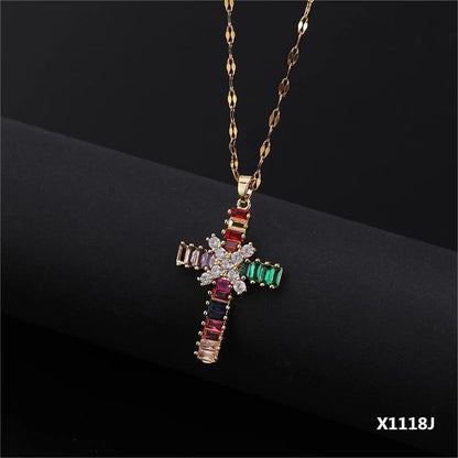 Copper Inlay Cross Zircon Pendant Necklace