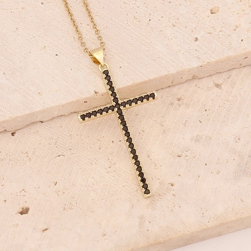 Stainless Steel Copper 18K Gold Plated Fashion Inlay Cross Zircon Pendant Necklace