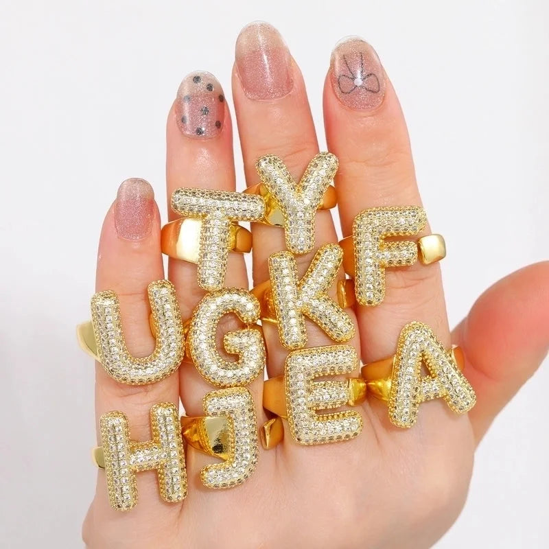 Copper Inlay Letter Zircon Open Rings