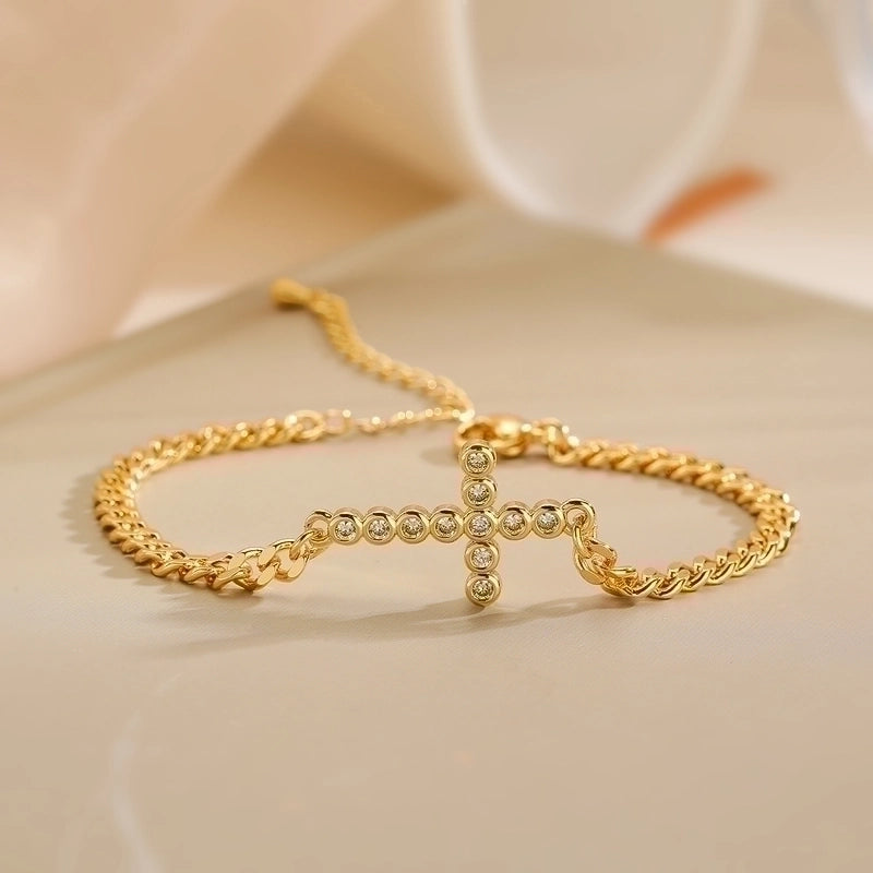 Minimalist Commute Cross Copper 18k Gold Plated Zircon Bracelets In Bulk