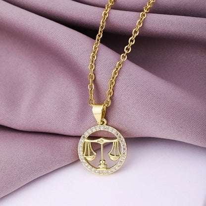 Fashion Twelve Constellation Copper Inlaid Zircon Gold Plated Stainless Steel Pendant Necklace