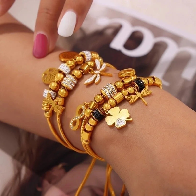 Retro Minimalist British Style Round Heart Shape Life Tree 304 Stainless Steel 18K Gold Plated Rhinestones Bracelets In Bulk