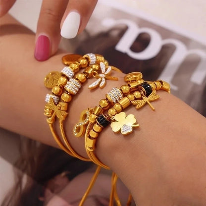 Retro Minimalist British Style Round Heart Shape Life Tree 304 Stainless Steel 18K Gold Plated Rhinestones Bracelets In Bulk