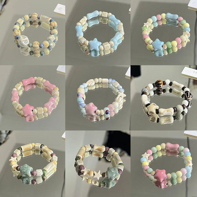 Jingdezhen Ceramic Bracelet New Color-free Women's Summer Student's Antique Beaded Bracelet Small Fresh And Popular