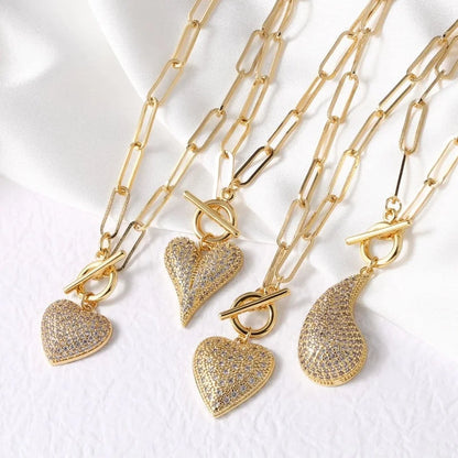 Modern Style Minimalist Water Droplets Heart Shape 201 Stainless Steel Copper Zircon 18K Gold Plated Inlay Pendant Necklace