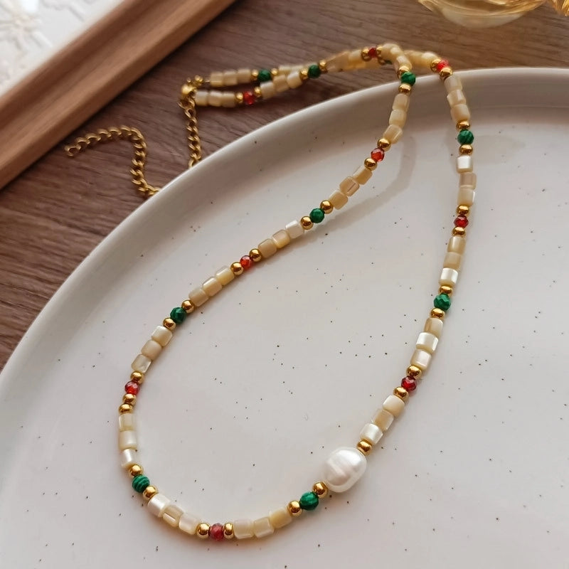 Natural Stone Freshwater Pearl Minimalist Beaded Geometric Necklace