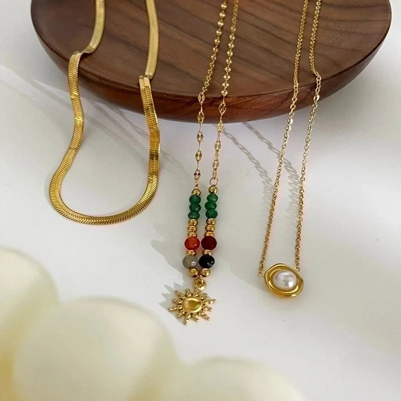 Elegant Retro French Style SUNFLOWER (Jz001) Pearl 316L Stainless Steel Imitation Pearl Natural Stone 18K Gold Plated Beaded Inlay Pendant Necklace