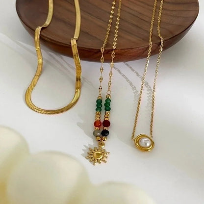 Elegant Retro French Style SUNFLOWER (Jz001) Pearl 316L Stainless Steel Imitation Pearl Natural Stone 18K Gold Plated Beaded Inlay Pendant Necklace