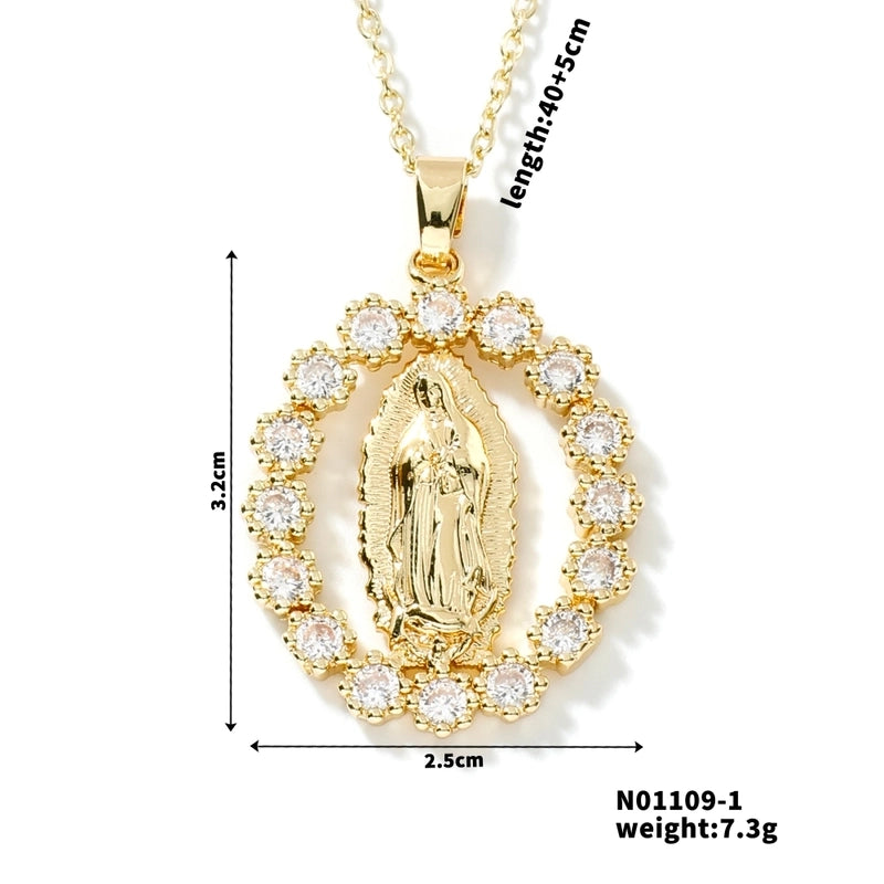 Vintage Style Classic Style Geometric Round Virgin Mary 304 Stainless Steel Copper Zircon K Gold Plated Inlay Pendant Necklace