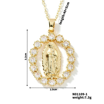 Vintage Style Classic Style Geometric Round Virgin Mary 304 Stainless Steel Copper Zircon K Gold Plated Inlay Pendant Necklace