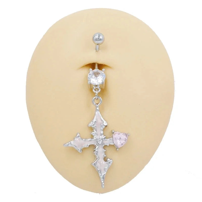 1 Piece Belly Rings Novelty Cross Heart Shape 316 Stainless Steel Alloy Epoxy Plating Rhinestones Glass White Gold Plated