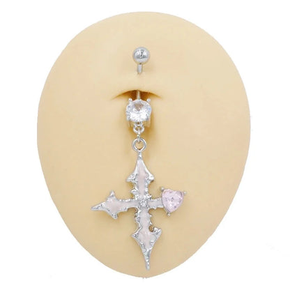 1 Piece Belly Rings Novelty Cross Heart Shape 316 Stainless Steel Alloy Epoxy Plating Rhinestones Glass White Gold Plated