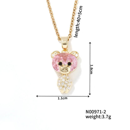 304 Stainless Steel Copper Rhodium Plated Inlay Bear Heart Shape Glass Zircon Pendant Necklace