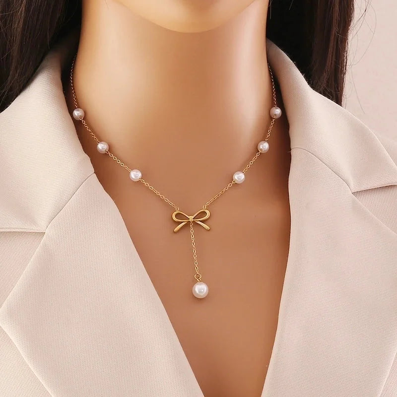 Elegant Streetwear Commute Heart Shape Bow Knot 304 Stainless Steel Artificial Pearls 18K Gold Plated Inlay Earrings Necklace Jewelry Set