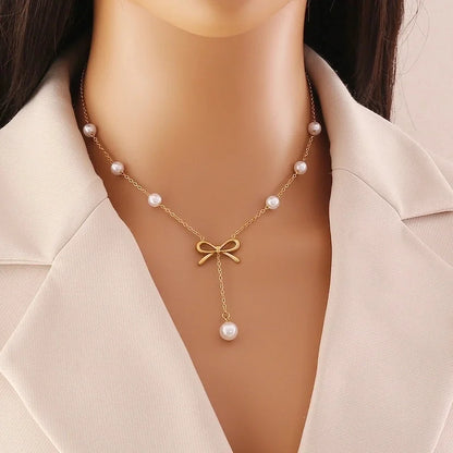Elegant Streetwear Commute Heart Shape Bow Knot 304 Stainless Steel Artificial Pearls 18K Gold Plated Inlay Earrings Necklace Jewelry Set