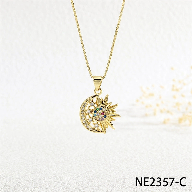 Copper Box Chain Inlay Star Moon Zircon Pendant Necklace