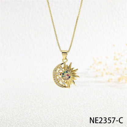 Copper Box Chain Inlay Star Moon Zircon Pendant Necklace