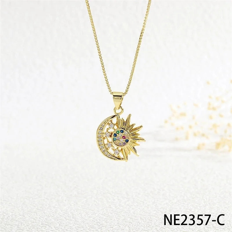 Copper Box Chain Inlay Star Moon Zircon Pendant Necklace