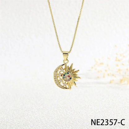 Copper Box Chain Inlay Star Moon Zircon Pendant Necklace