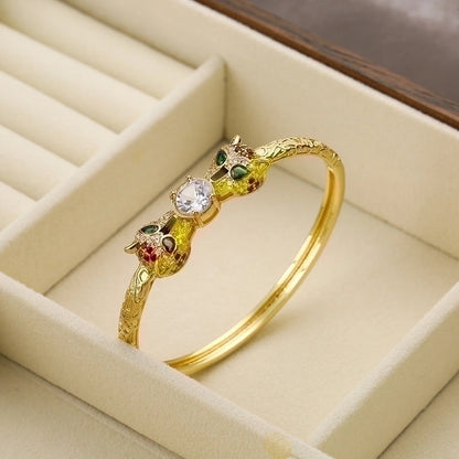 2 Pieces Hip-hop Leopard Copper 18k Gold Plated Pearl Zircon Bangle In Bulk