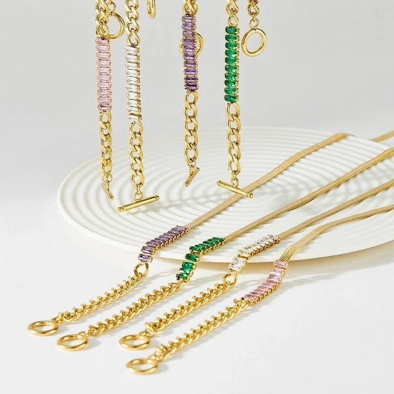 Retro Square 304 Stainless Steel Zircon 16K Gold Plated White Gold Plated Gold Plated Inlay Stainless Steel Necklaces