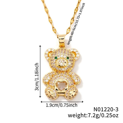 304 Stainless Steel Copper Rhodium Plated Inlay Bear Heart Shape Glass Zircon Pendant Necklace