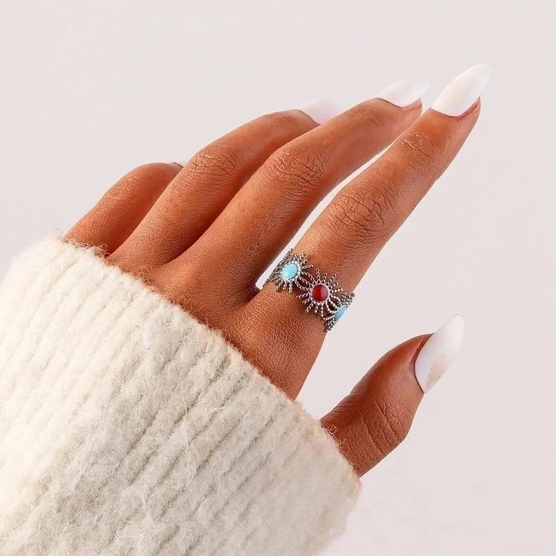 Ethnic Style Sun Star 304 Stainless Steel Artificial Gemstones Rhinestones Enamel Inlay Open Rings