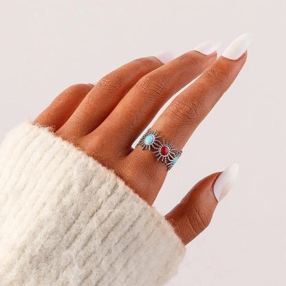 Ethnic Style Sun Star 304 Stainless Steel Artificial Gemstones Rhinestones Enamel Inlay Open Rings