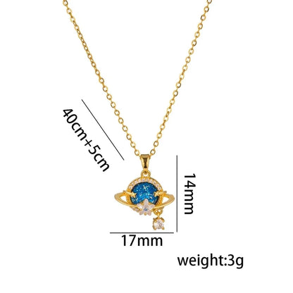 Titanium Steel 18K Gold Plated Casual Minimalist Inlay Star Moon Planet Moonstone Zircon Pendant Necklace