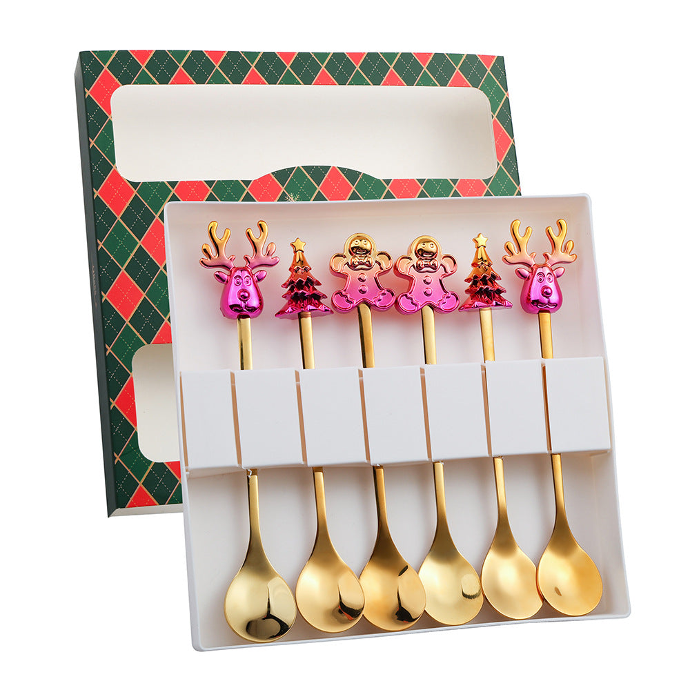 J Christmas Spoon Set Cartoon Colorful Santa Claus Christmas Tree Spoon Fork Coffee Dessert Spoon Gift Box
