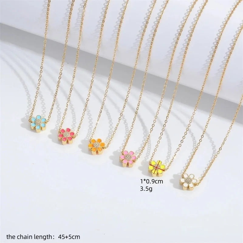 Copper 14K Gold Plated Enamel Flower Zircon Pendant Necklace