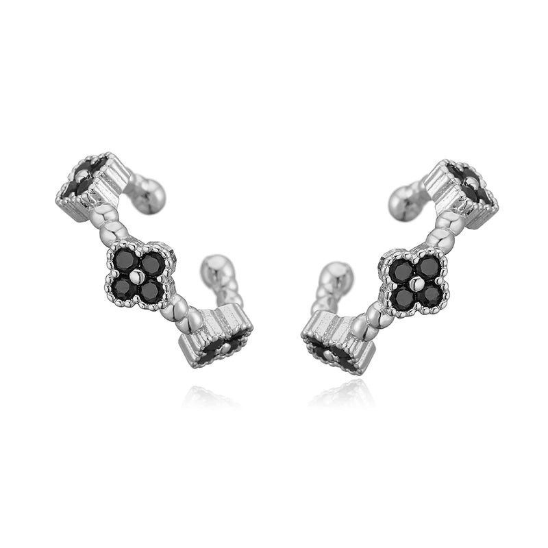 Temperament Entry Lux Copper Inlaid Color Diamond Clover Opening Ear Clip Niche High Sense Flower Petals Ear Rings Direct Sales