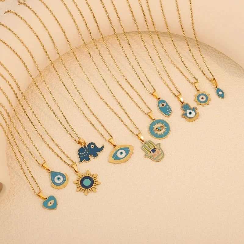 Retro Minimalist Commute Elephant Devil's Eye 304 Stainless Steel 18K Gold Plated Enamel Pendant Necklace