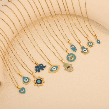 Retro Minimalist Commute Elephant Devil's Eye 304 Stainless Steel 18K Gold Plated Enamel Pendant Necklace