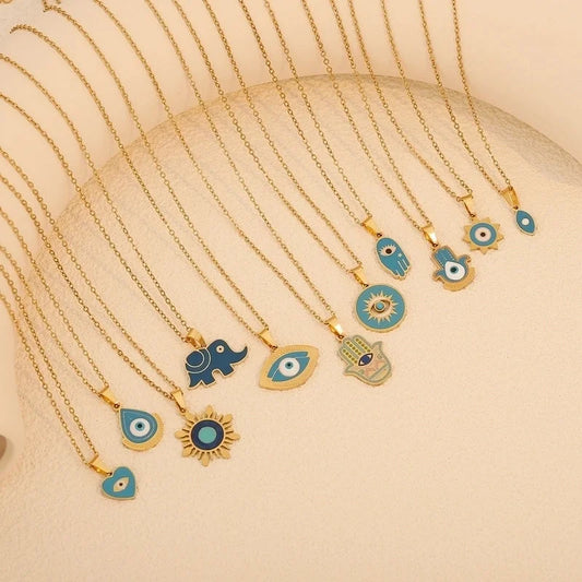 Retro Minimalist Commute Elephant Devil's Eye 304 Stainless Steel 18K Gold Plated Enamel Pendant Necklace