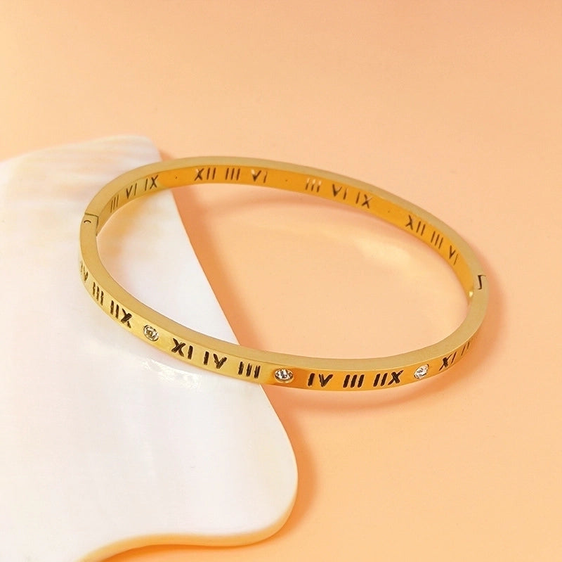 Minimalist Roman Numeral Titanium Steel 18K Gold Plated Artificial Rhinestones Bangle In Bulk