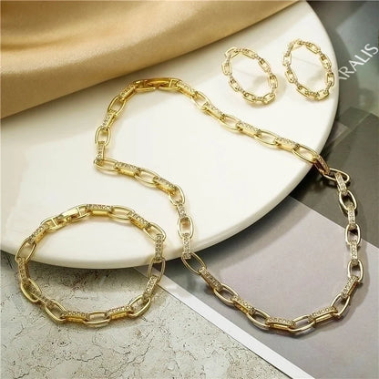 2 Pieces Vintage Style Geometric Copper Plating Inlay Zircon 18k Gold Plated Bracelets Earrings Necklace