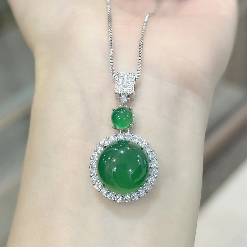 Temperament Fashion Natural Chalcedony Earring Ring Pendant Necklace Jewelry Set High Ice Complete Jade Three-piece Set