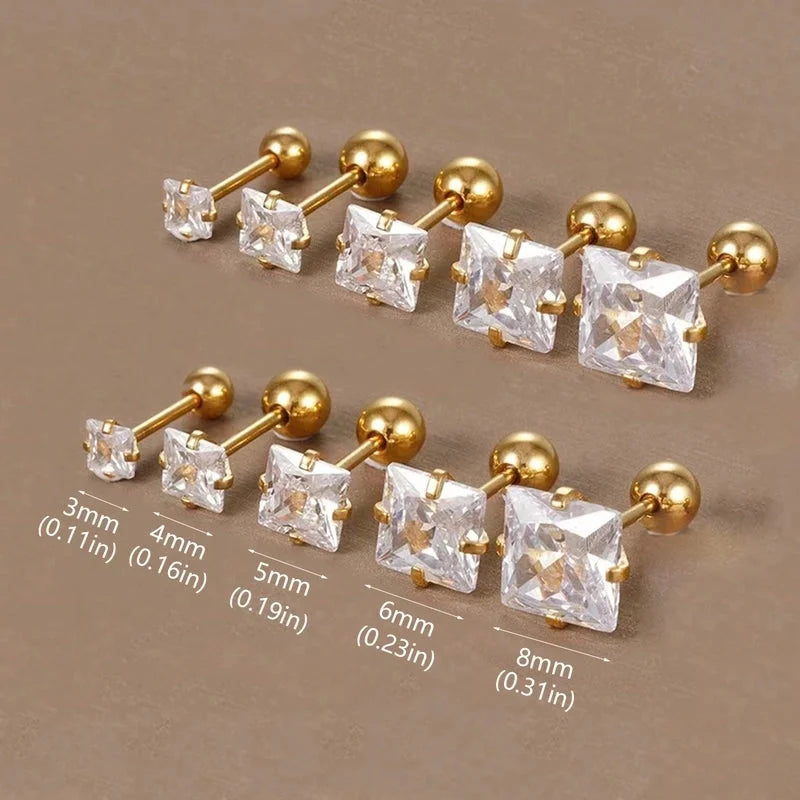 Minimalist Square Inlay 304 Stainless Steel Zircon 18K Gold Plated Stainless Steel Earrings