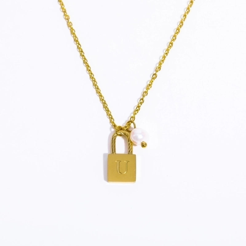 201 Stainless Steel 304 Stainless Steel Glass Gold Plated Casual Minimalist Pearl Plating Letter Lock Pendant Necklace