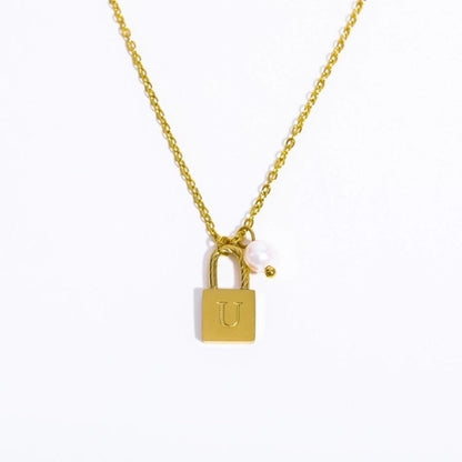 201 Stainless Steel 304 Stainless Steel Glass Gold Plated Casual Minimalist Pearl Plating Letter Lock Pendant Necklace