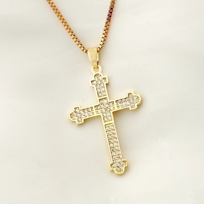Stainless Steel 18K Gold Plated Vintage Style Plating Inlay Geometric Cross Rhinestones Pearl Zircon Pendant Necklace